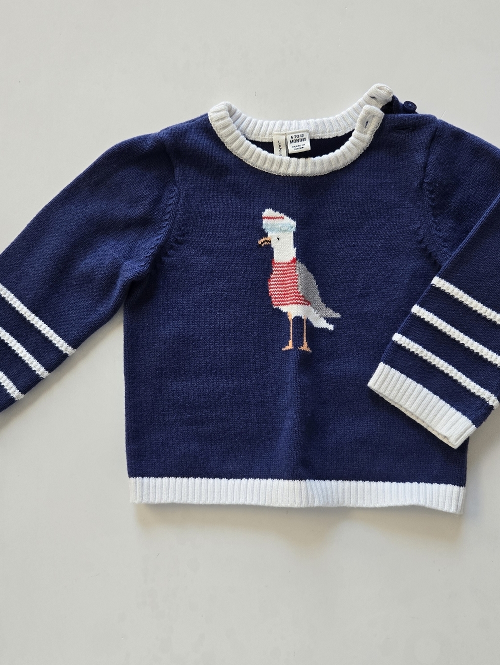 Janie & Jack Navy Seagull Knit Sweater with White Trim 6-12m